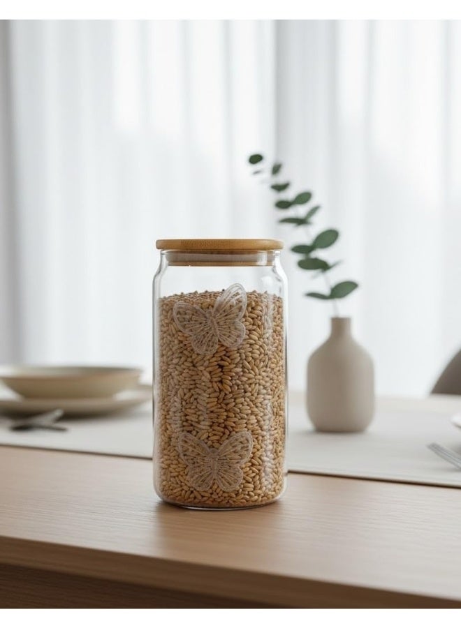 هابي هوم برطمان زجاجي بغطاء من الخيزران ، ديكور منزلي، علبة شاي، مسحوق حليب، سكر، فواكه مجففة، حلوى، أرز، بسكويت، معكرونة، حبوب، برطمانات طعام بغطاء محكم الغلق (شفاف -سعه 500مل) - Image 3